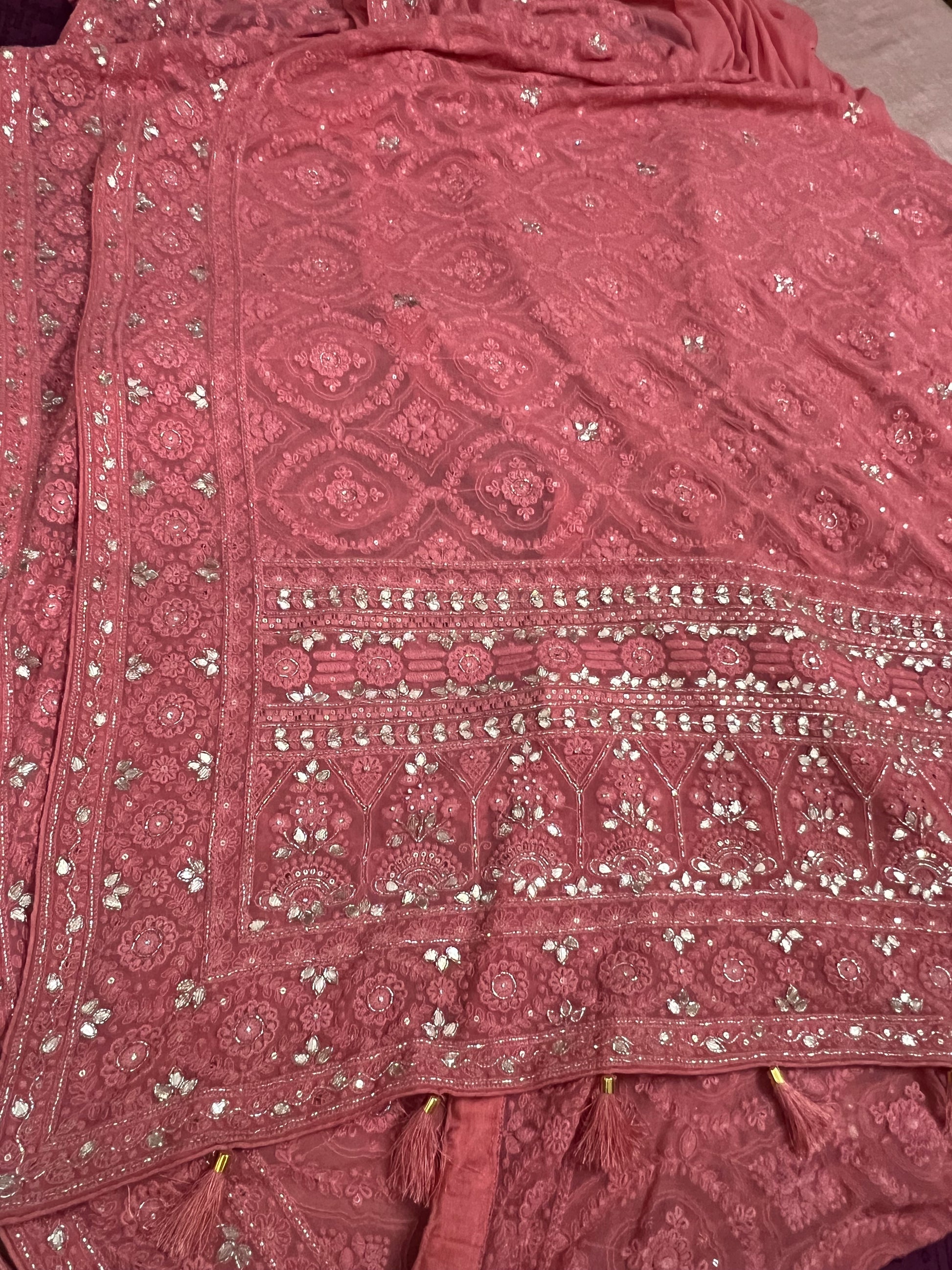 Peach Chikankari saree gorgette saree Indian saree women sari blouse - Saffronfashionindia