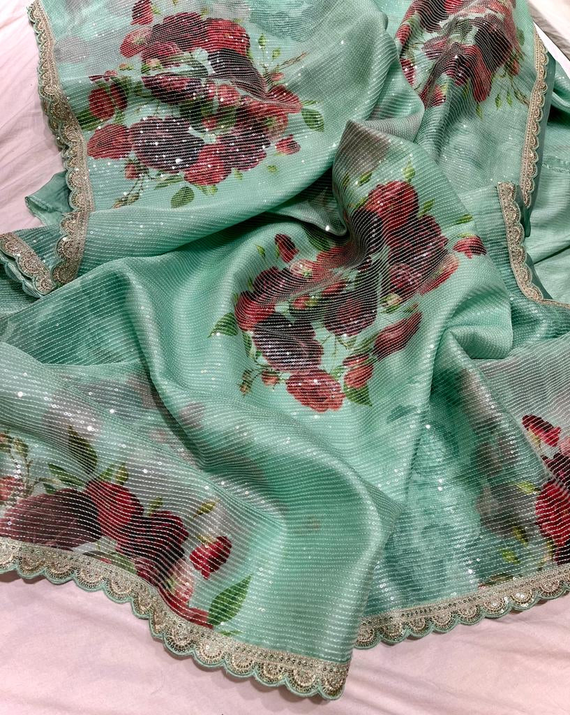 Digitally printed organza floral sarees - Saffronfashionindia