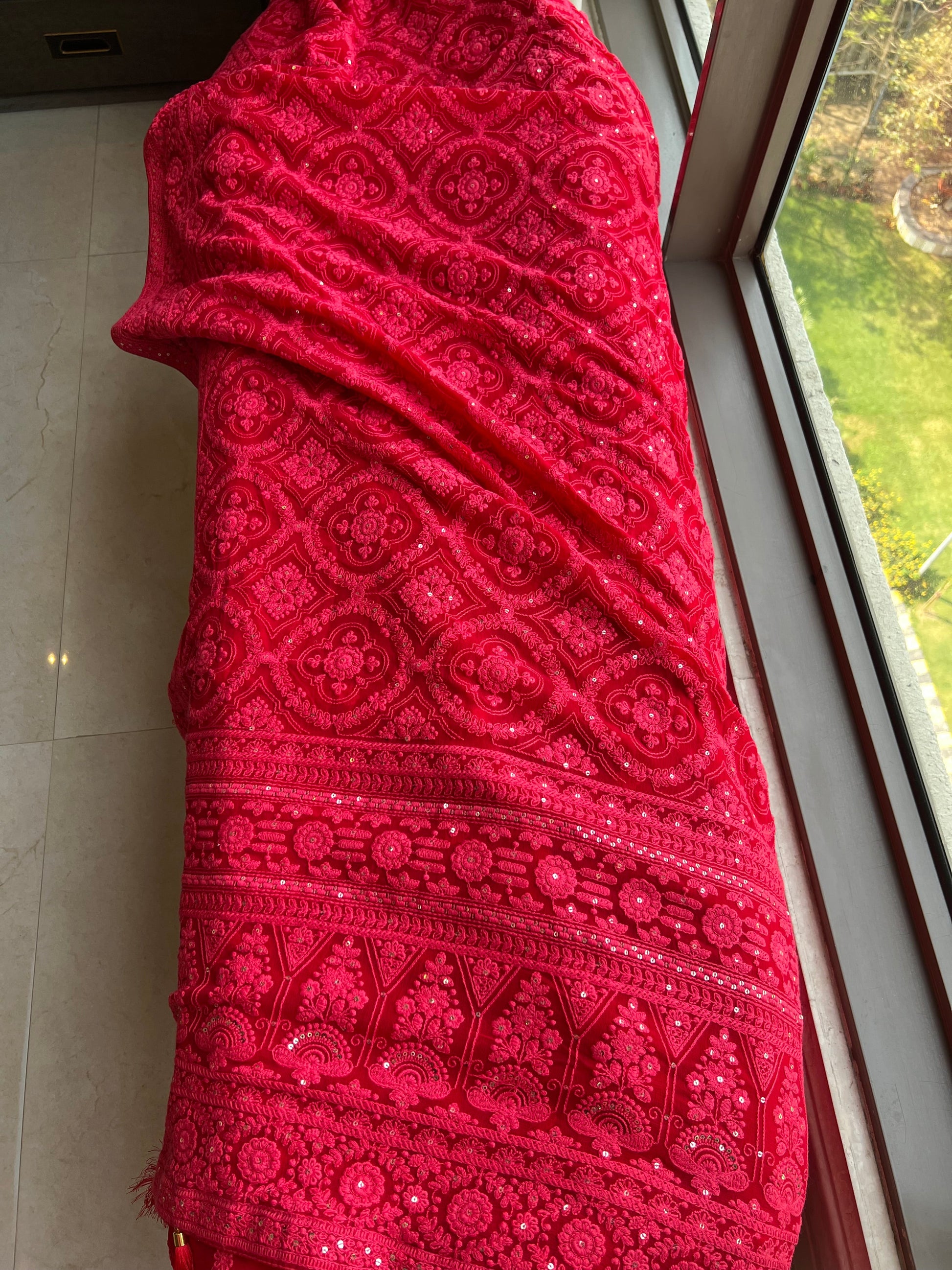 Red Chikankari saree Georgette sari blouse SaffronFashion