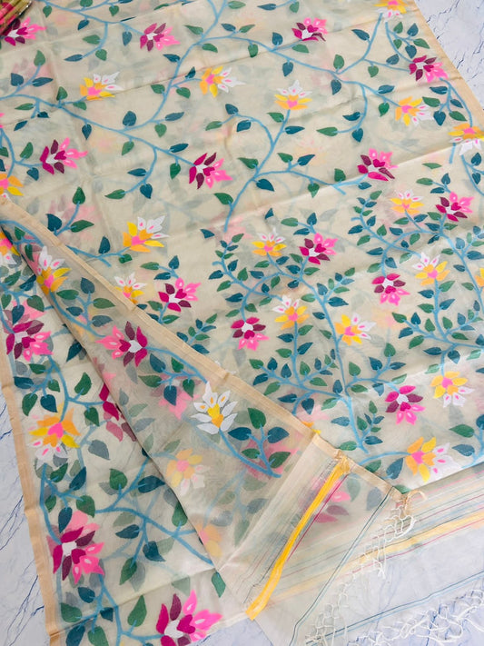 Morni muslin Tantuj jamdani Bengali saree - Saffronfashionindia