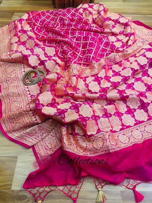 Pinash banarsi handwoven Bandhani Gorgette sarees - Saffronfashionindia