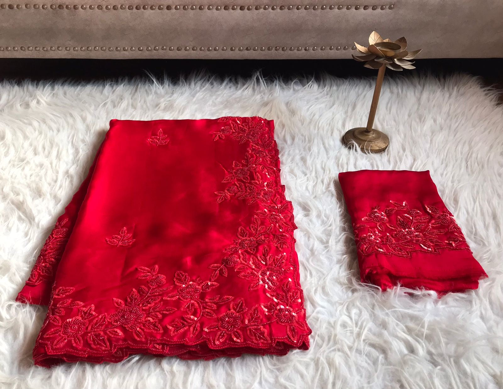 Red Satin Premium Silk Sarees luxury Saree - Saffronfashionindia