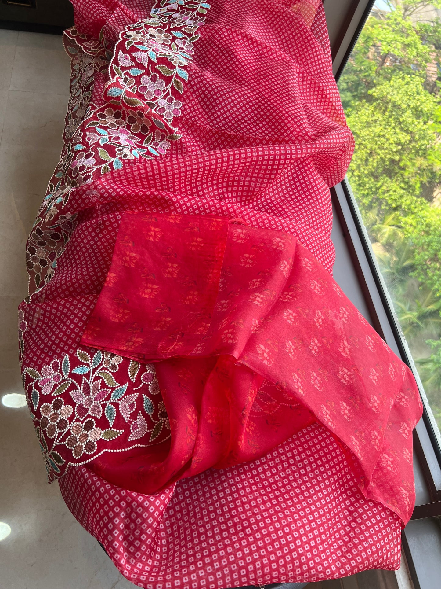 Red Organza Saree Thread Embroidery Work Sarees - Saffronfashionindia