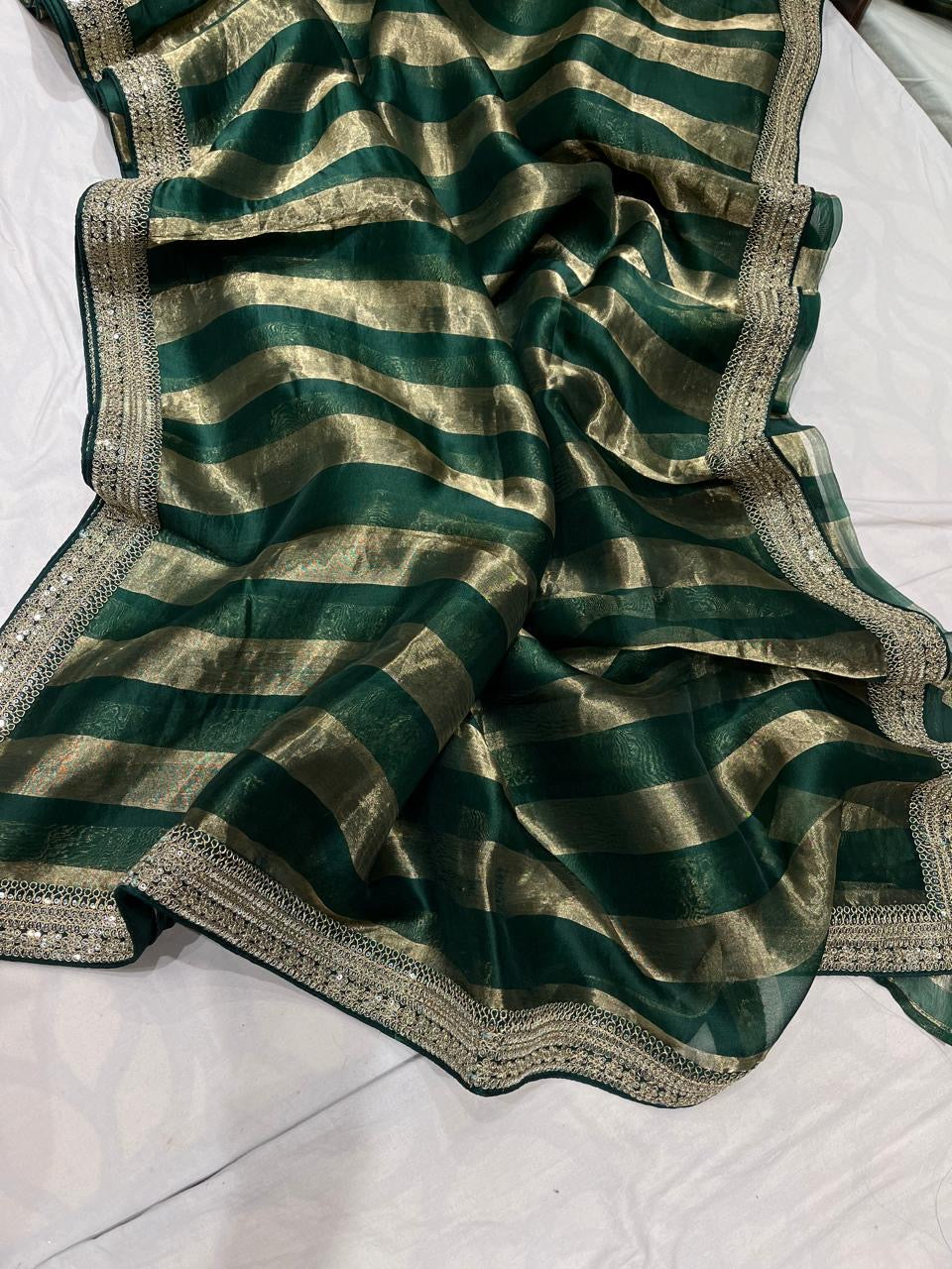 Striped Organza saree velvet blouse stylish saree women girlish sari - Saffronfashionindia