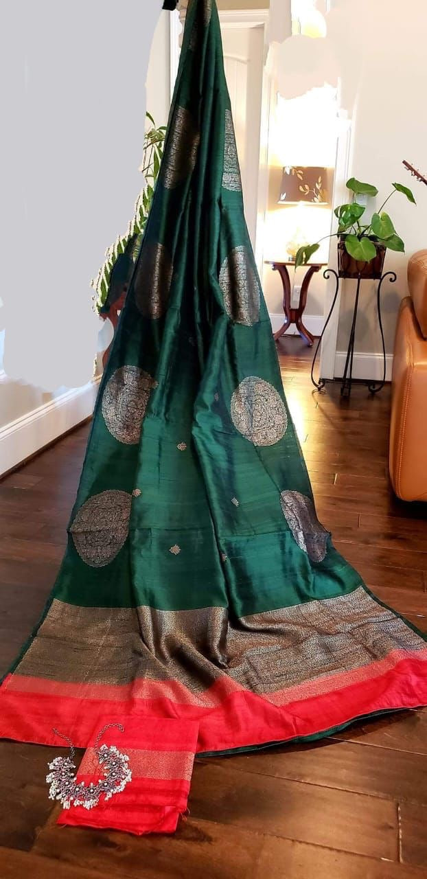 Banarsi Raw Silk Saree Indian Sari blouse - Saffronfashionindia