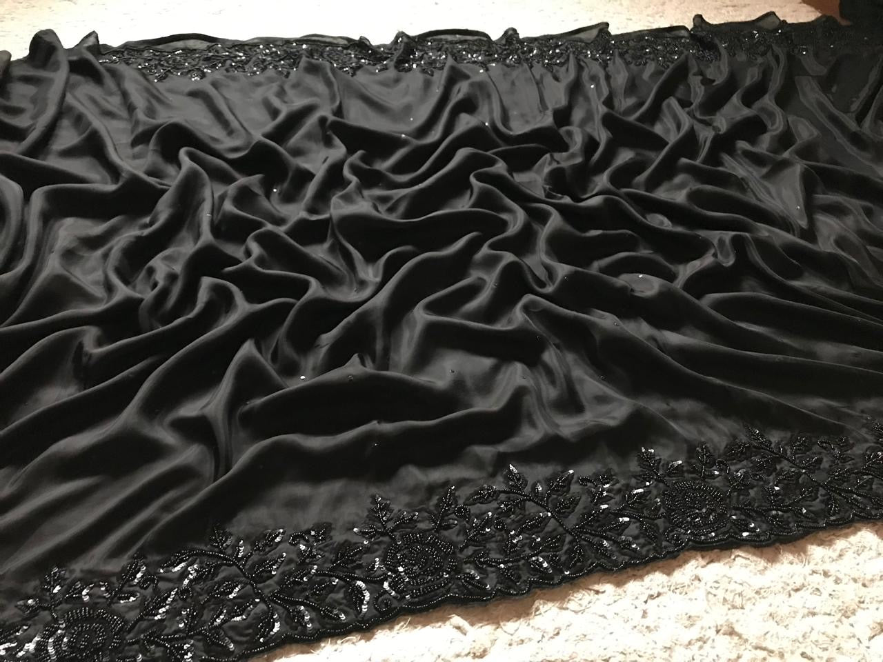 Celebrity inspired black satin organza saree Partywear sarees - Saffronfashionindia