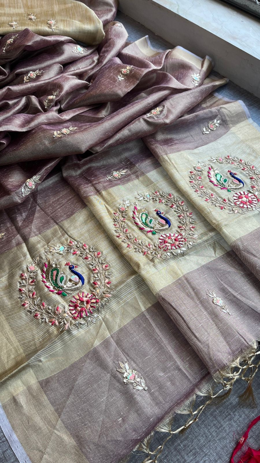 Peacock inspired tissue silk saree linen saree SaffronFashion