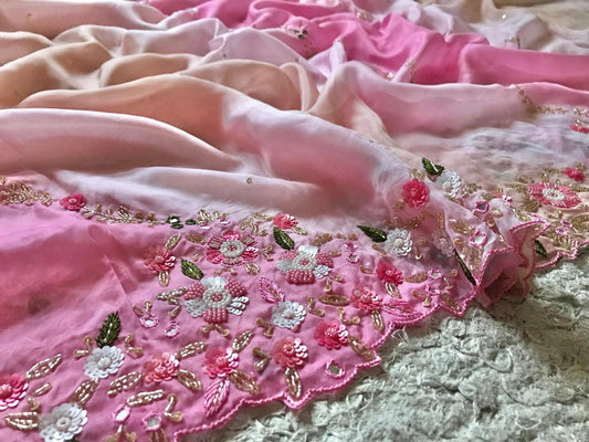 Ombre shaded saree premium satin luxury silk sarees women sari blouse - Saffronfashionindia