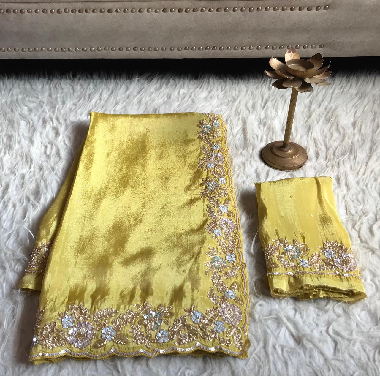 Yellow tissue organza saree luxury sarees - Saffronfashionindia