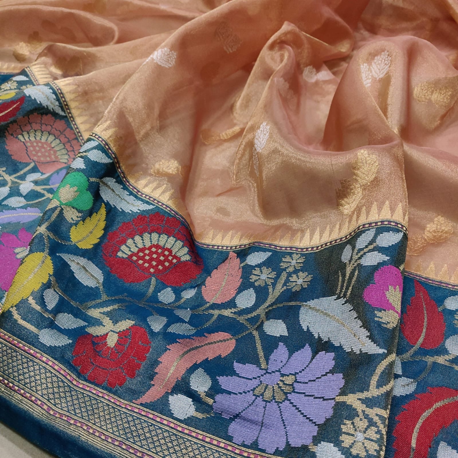 Bonisha tissue handwoven saree Zari booties sarees - Saffronfashionindia