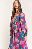 Multicolor Boho Floral Print Square Neck Ruffle Maxit Dress