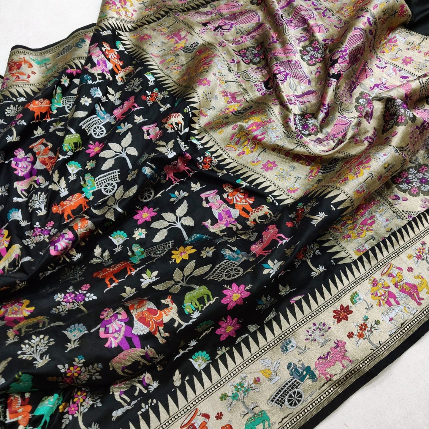 Black Katan Handwoven Zari Saree Resham Saree Indian - Saffronfashionindia