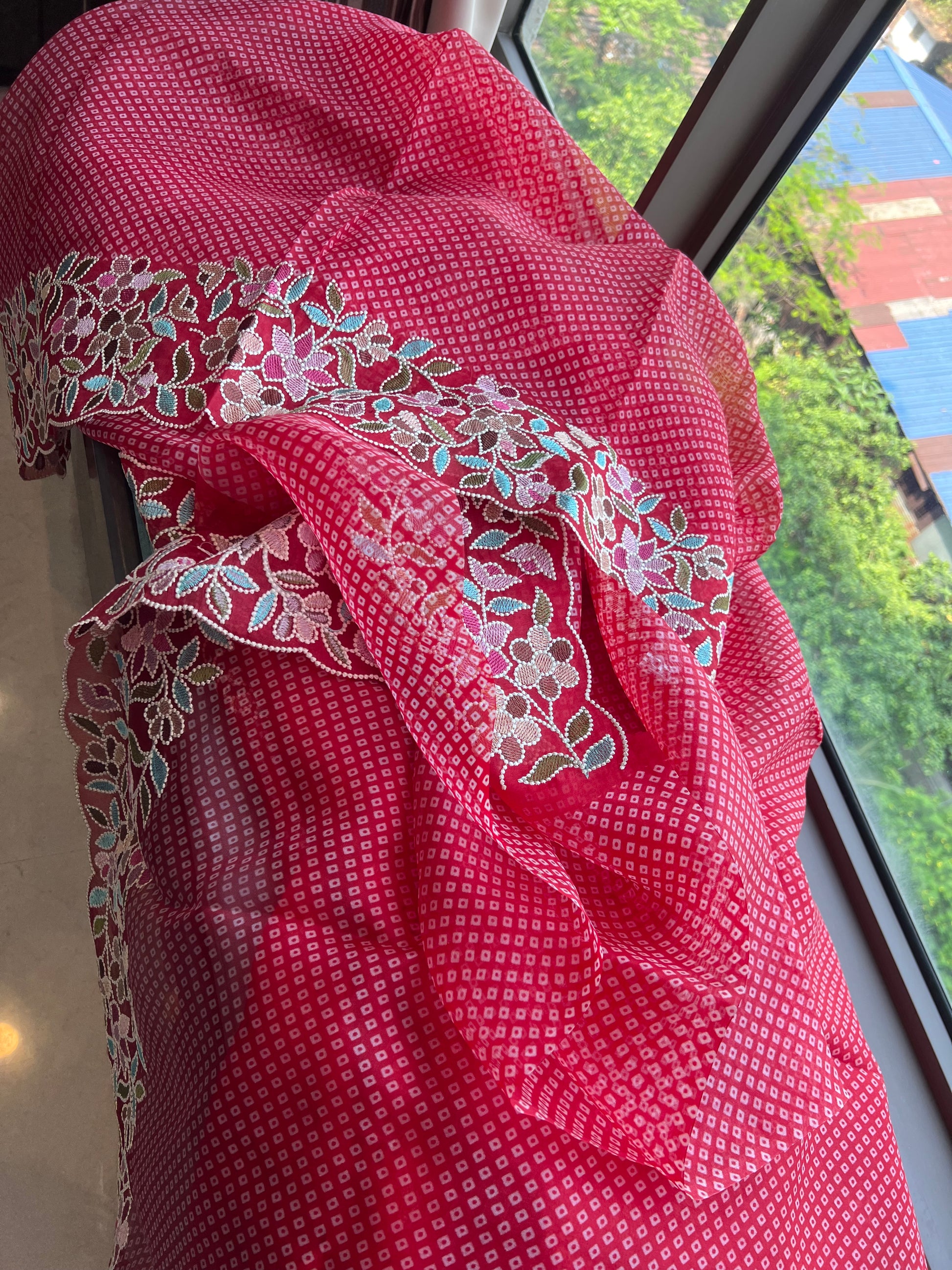 Red Organza Saree Thread Embroidery Work Sarees - Saffronfashionindia