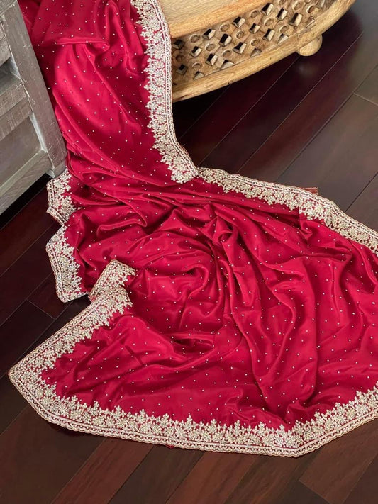 Crepe Satin Zardosi Wedding Saree Women Sari - Saffronfashionindia