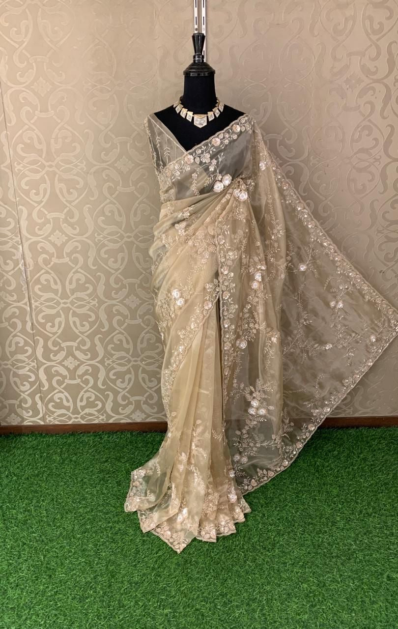 Reception saree party wear handwork sareee handmade sari blouse - Saffronfashionindia