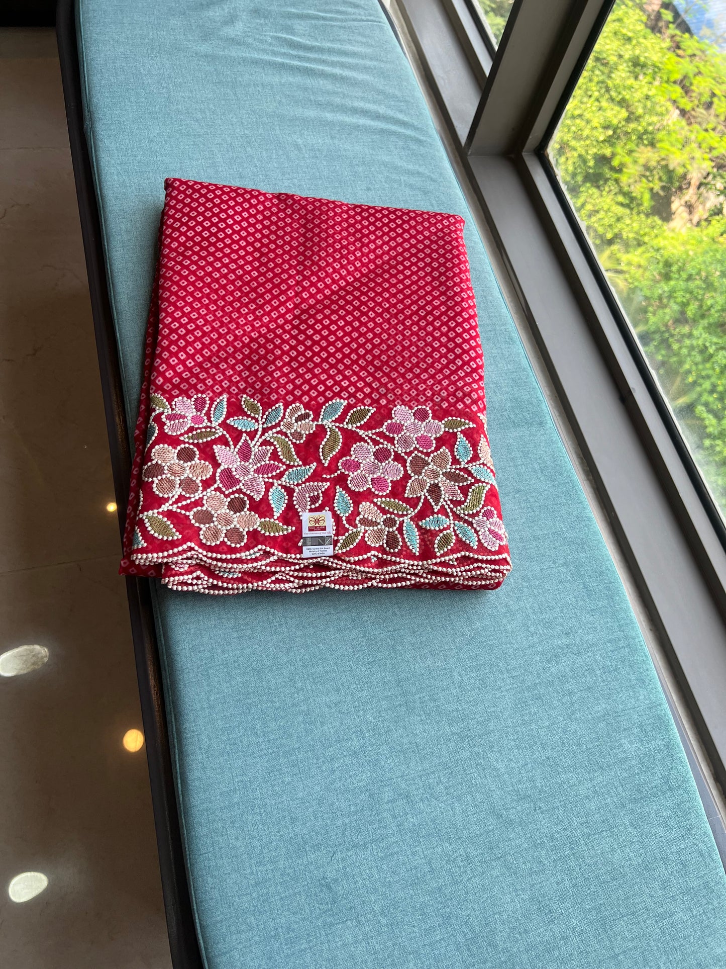 Red Organza Saree Thread Embroidery Work Sarees - Saffronfashionindia