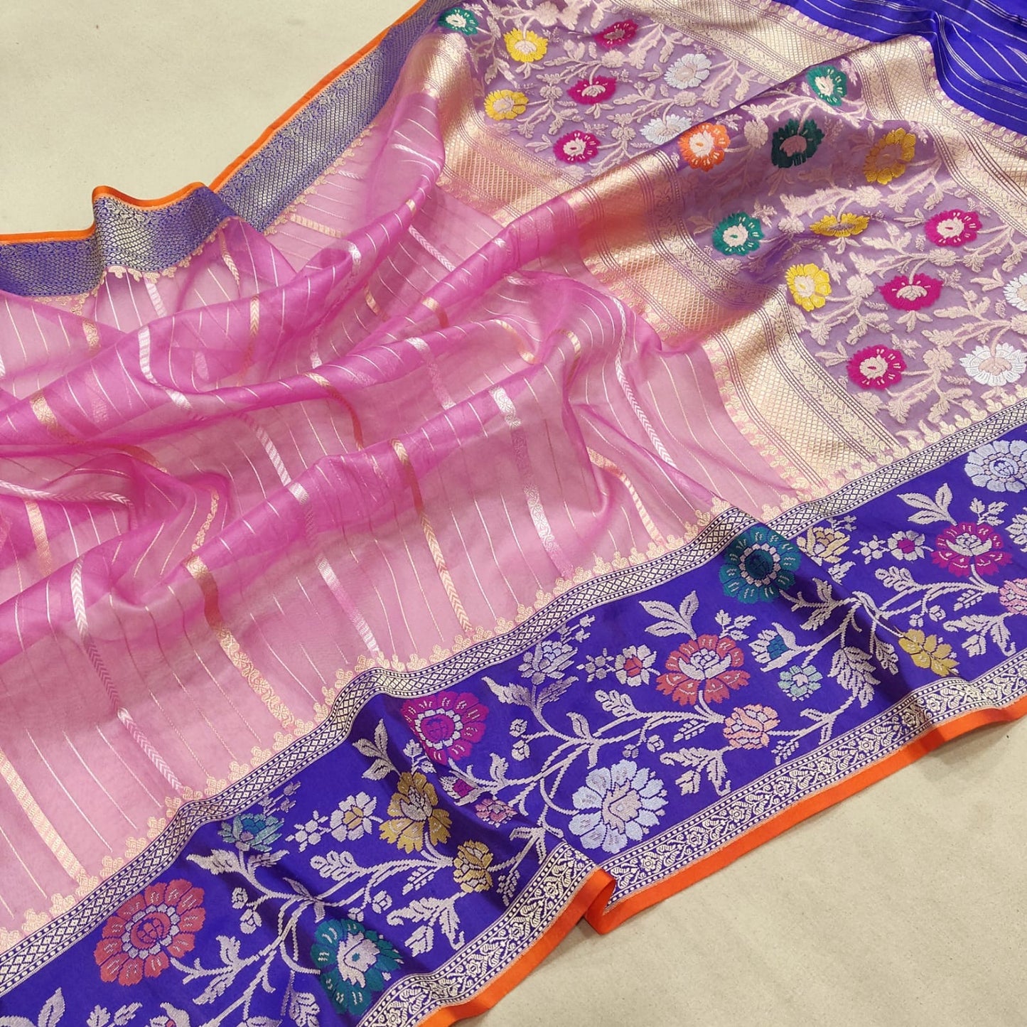 Pink handwoven kora silk saree Zari striped sarees - Saffronfashionindia