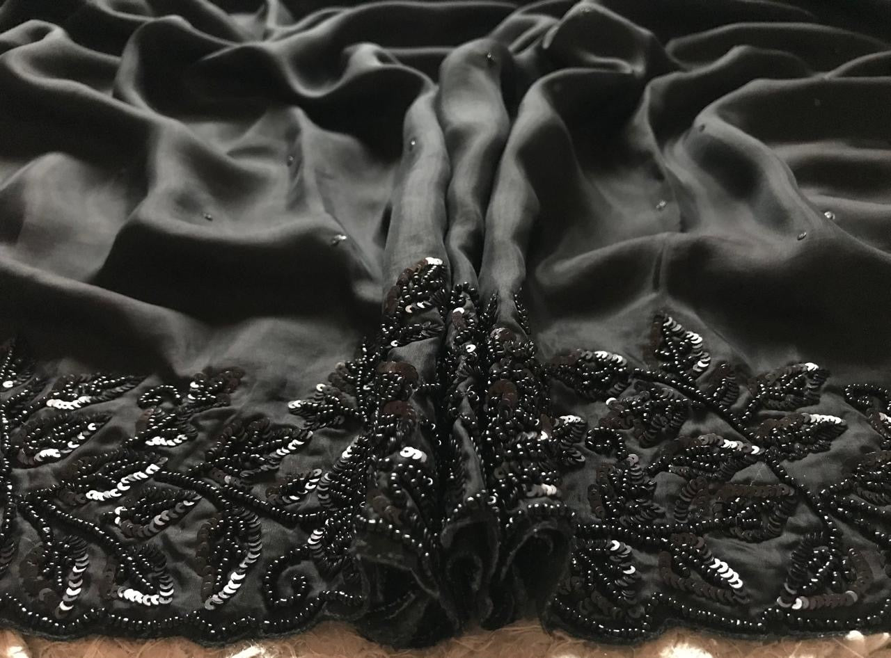 Celebrity inspired black satin organza saree Partywear sarees - Saffronfashionindia