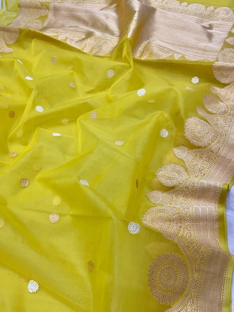 Yellow kora handloom banarsi saree - Saffronfashionindia