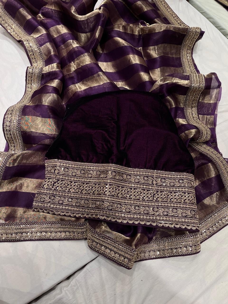 Striped Organza saree velvet blouse stylish saree women girlish sari - Saffronfashionindia