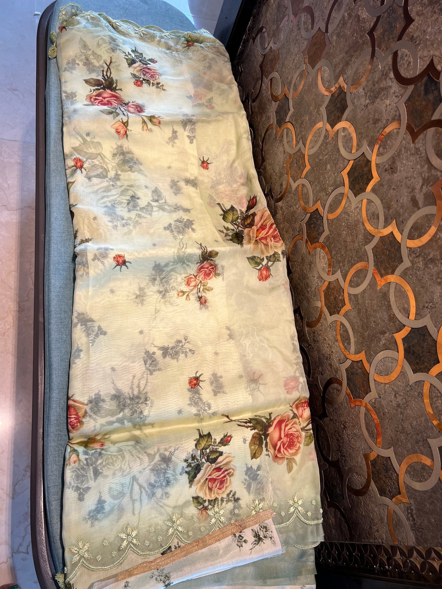 Digital printed Organza Floral Saree Partywear sari - Saffronfashionindia