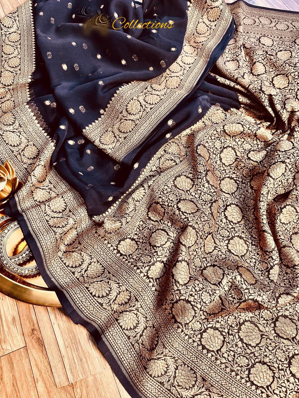 Black handwoven Khaddi Gorgette saree Indian traditional sarees - Saffronfashionindia