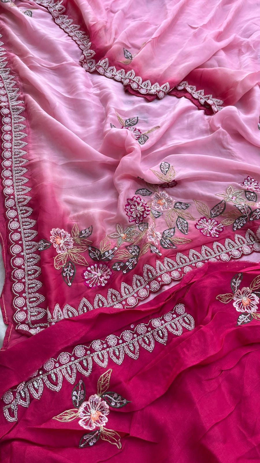 Satin Pink Pearl Organza Sarees Partywear Sarees - Saffronfashionindia
