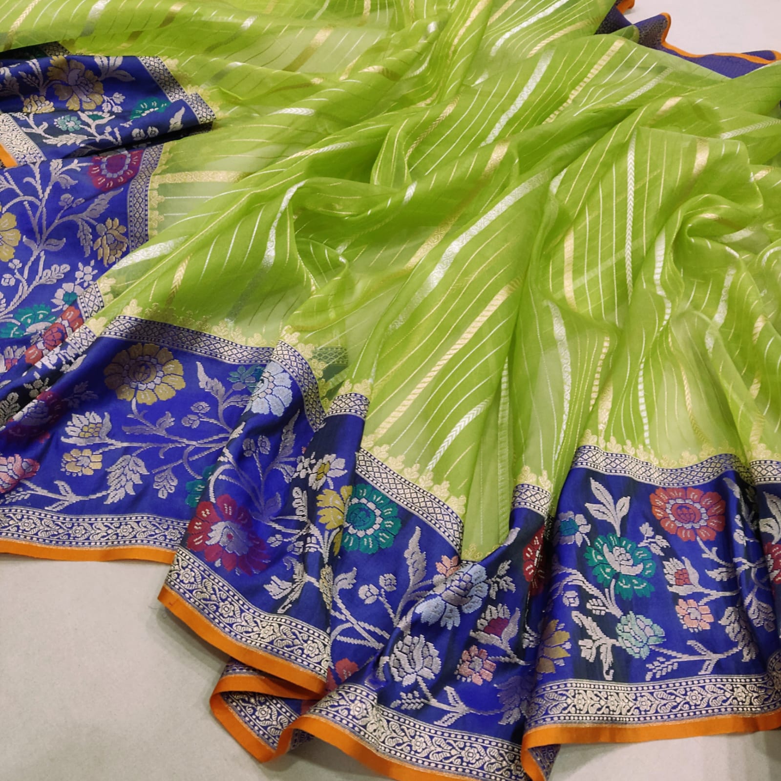Green Kora Handwoven Saree zari sari - Saffronfashionindia