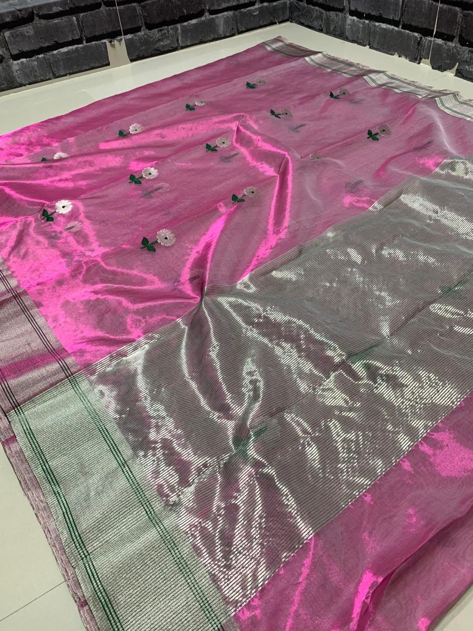 Pink luxury Chanderi saree elegant sari blouse - Saffronfashionindia