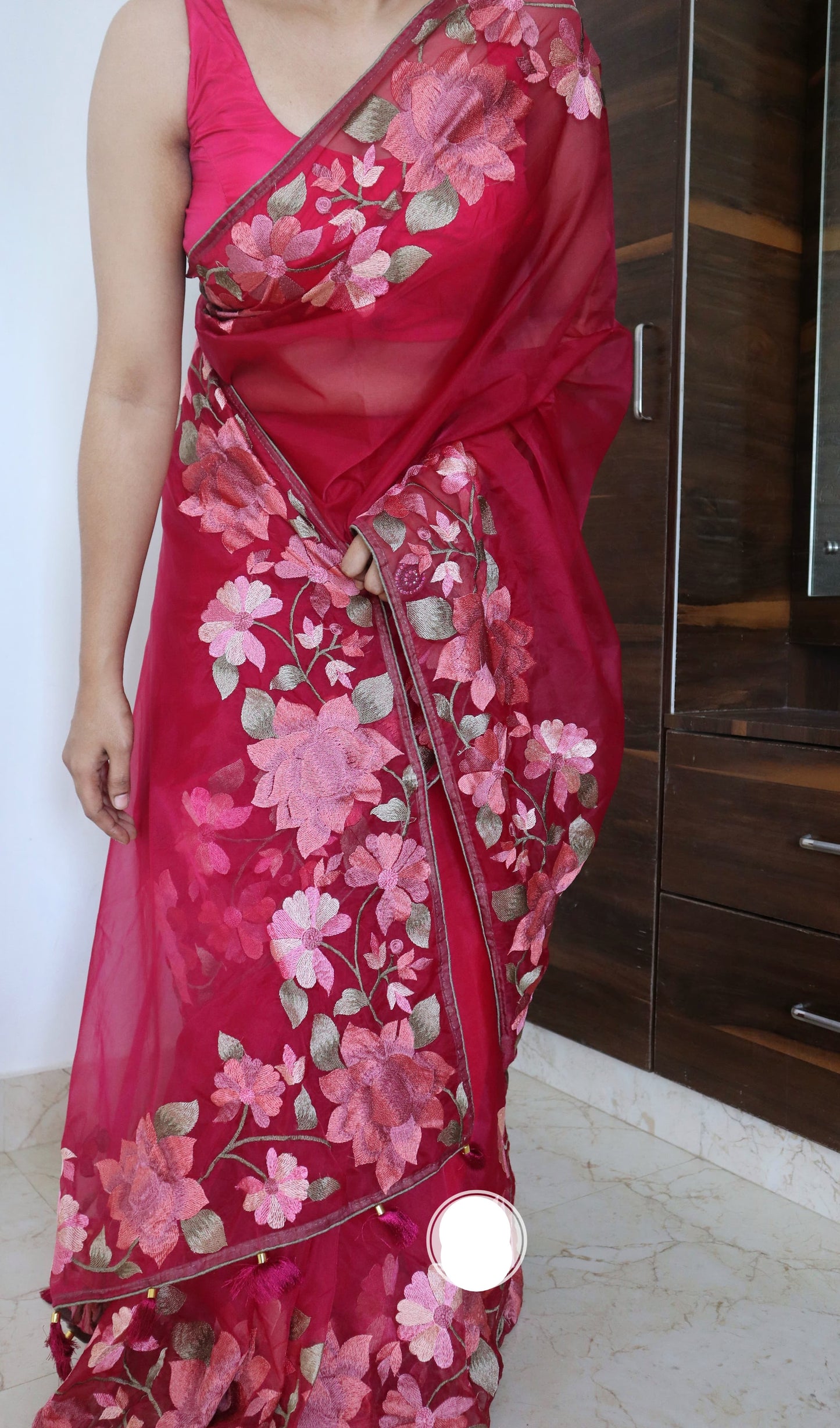 Parsi inspired floral bordered organza saree Indian Partywear sarees - Saffronfashionindia