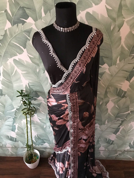 Dreamy floral saree shamuz satin saree partywear sari blouse SaffronFashion