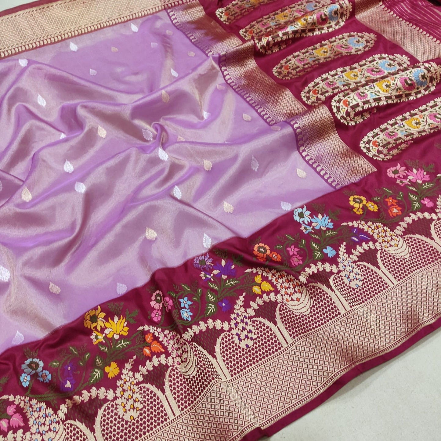 Lavender tissue saree Zari buries handwoven sarees - Saffronfashionindia
