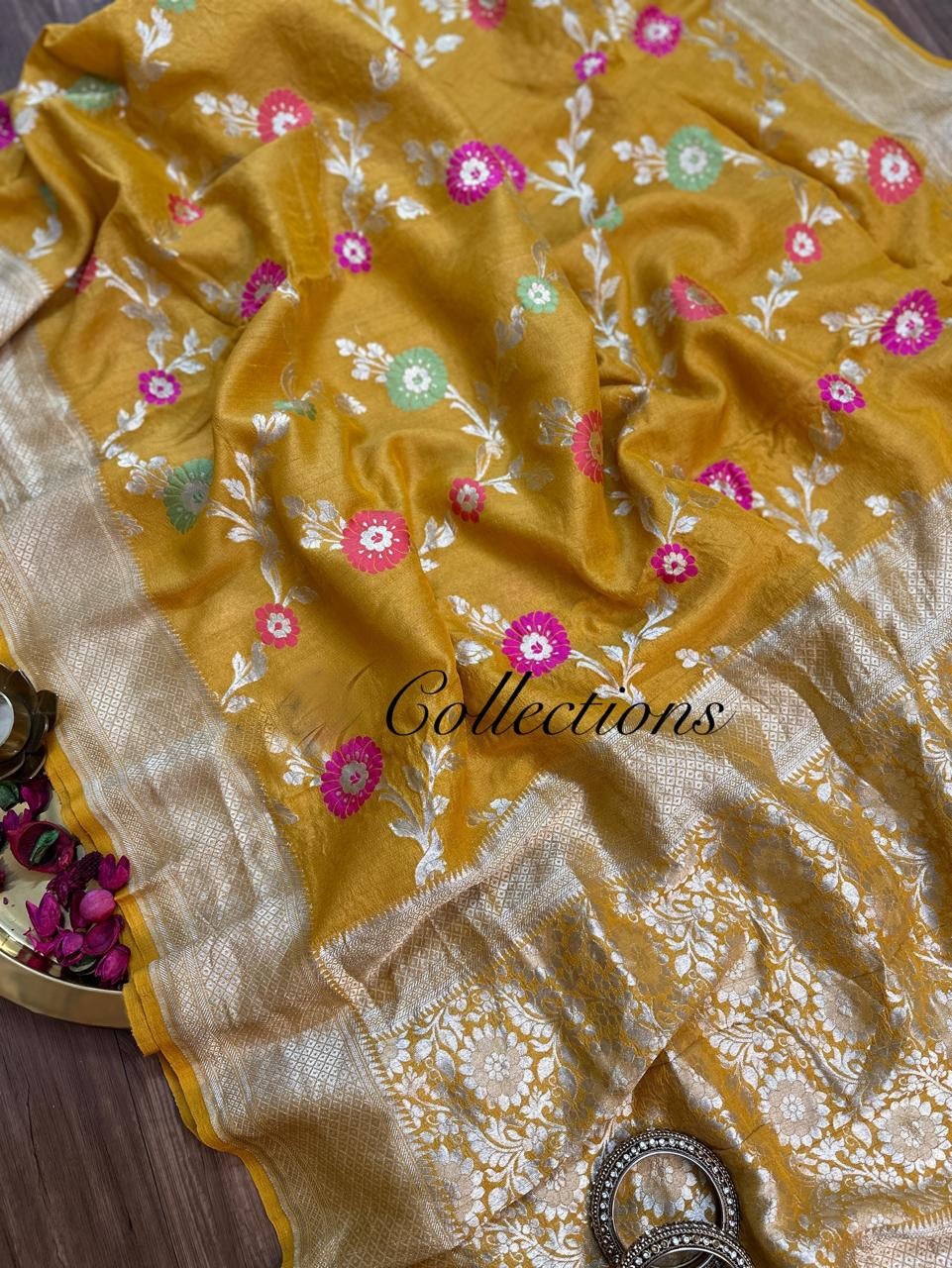 Yellow Khaddi gorgette saree Indian wedding sarees blouse - Saffronfashionindia
