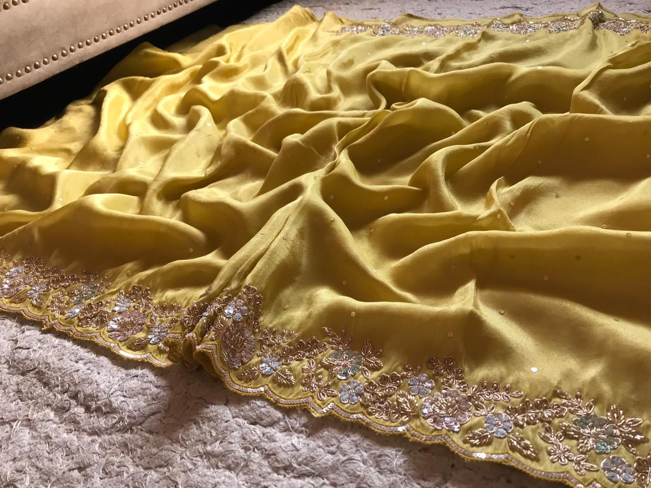 Yellow tissue organza saree luxury sarees - Saffronfashionindia