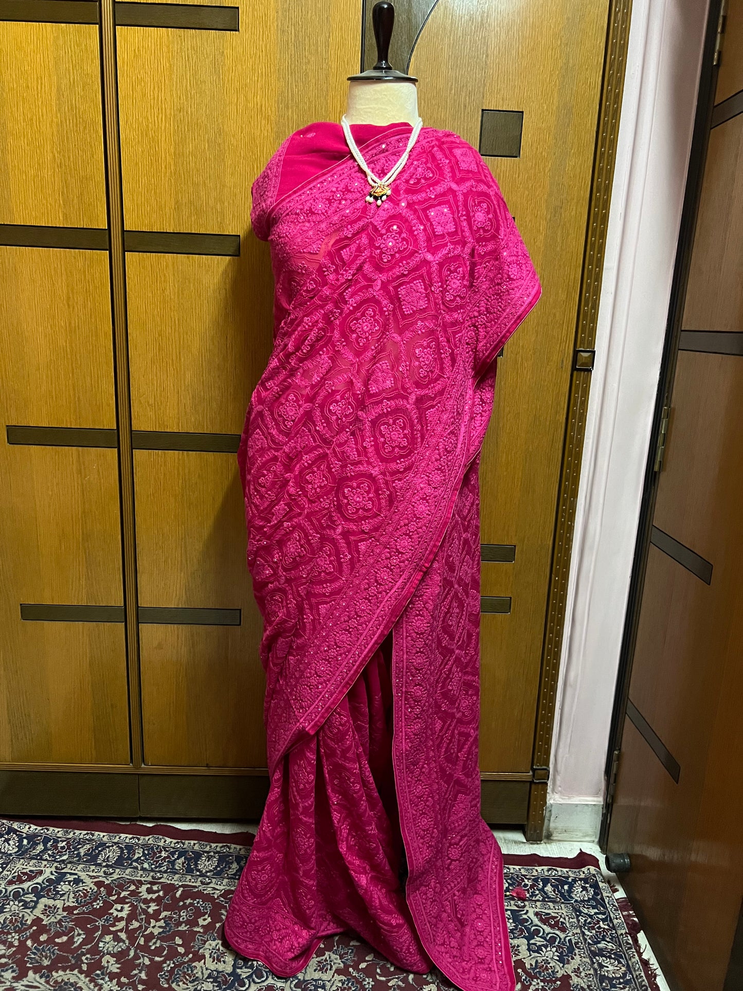 Hot Pink Chikankari Saree Eomen Gorgette Sarees - Saffronfashionindia