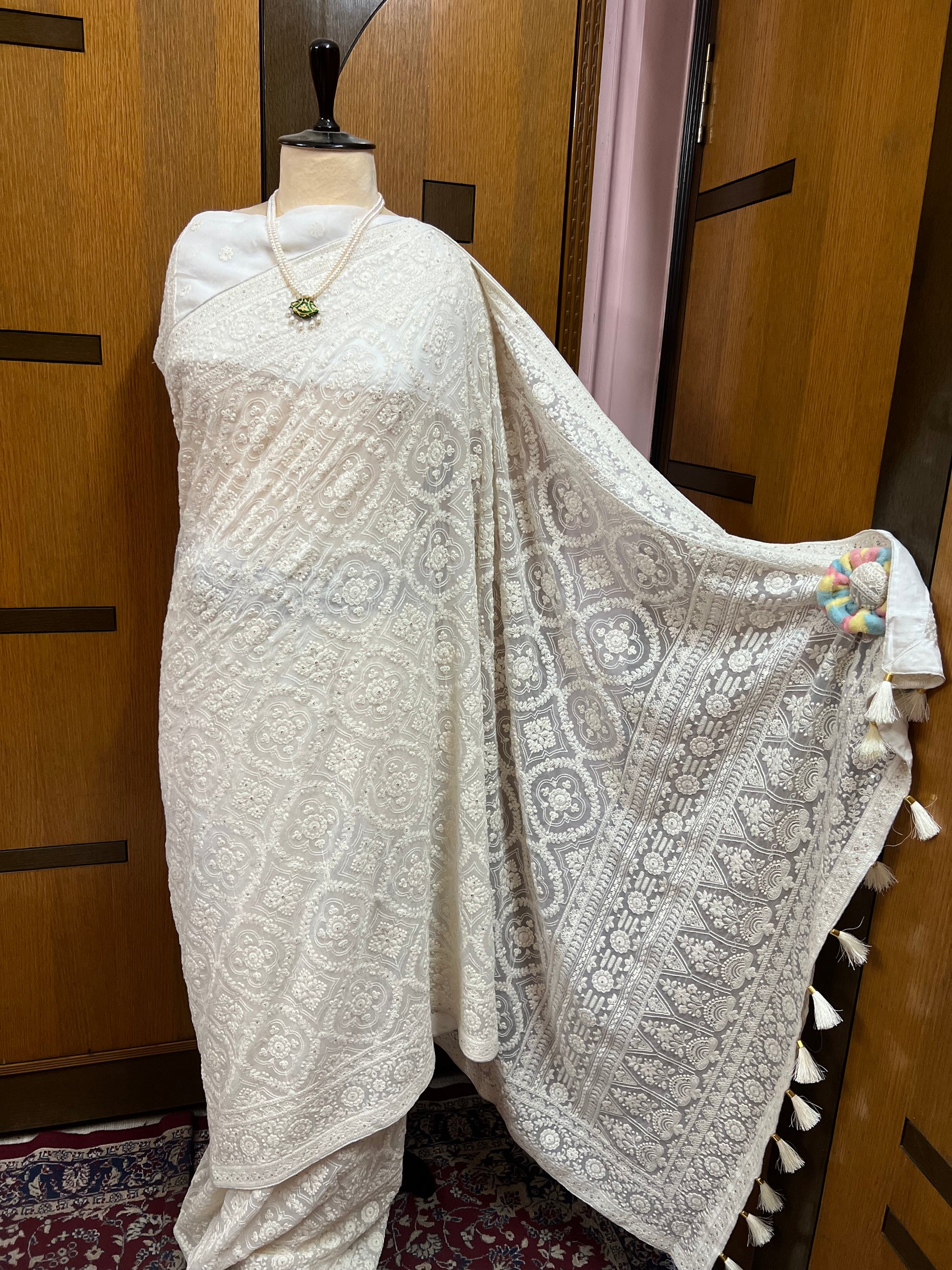 White Chikankari Saree Gorgette Sarees - Saffronfashionindia