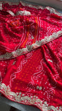 Red satin saree gottapatti Bandhej zardosi sarees bridal sari