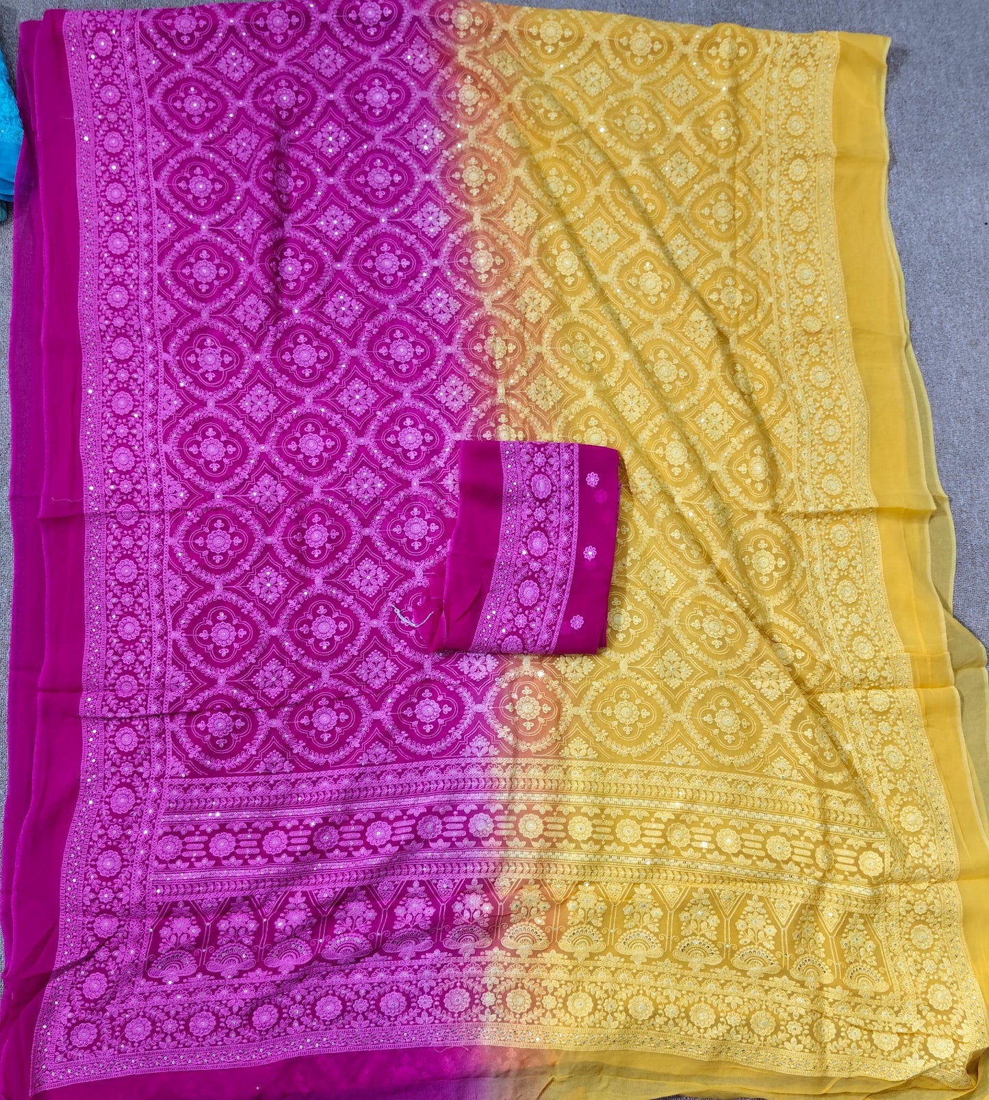 Dual shaded Chikankari saree Georgette saree women sari blouse - Saffronfashionindia