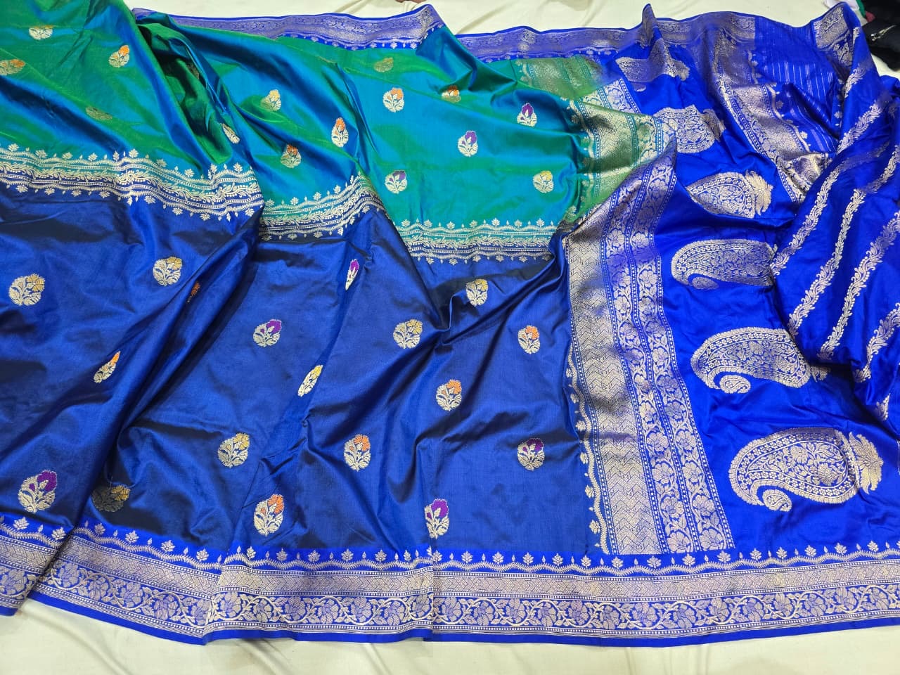Blue katan silk saree Banarsi saree handwoven sari blouse Saffronfashionindia