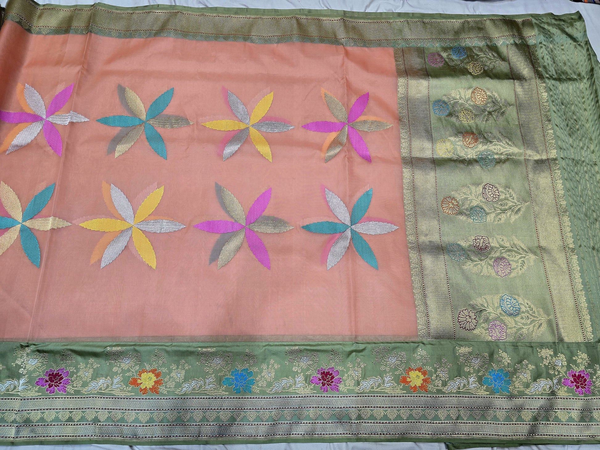 Peach saree Kora iktara sarees blouse Indian sari SaffronFashion