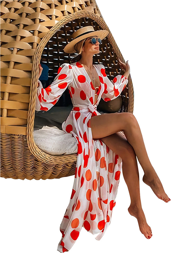 Polka Dot Chiffon Beach Holiday Dress - Saffronfashionindia