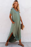 Grass Green Solid Color Hidden Pocket V Neck Slit Maxi Dress