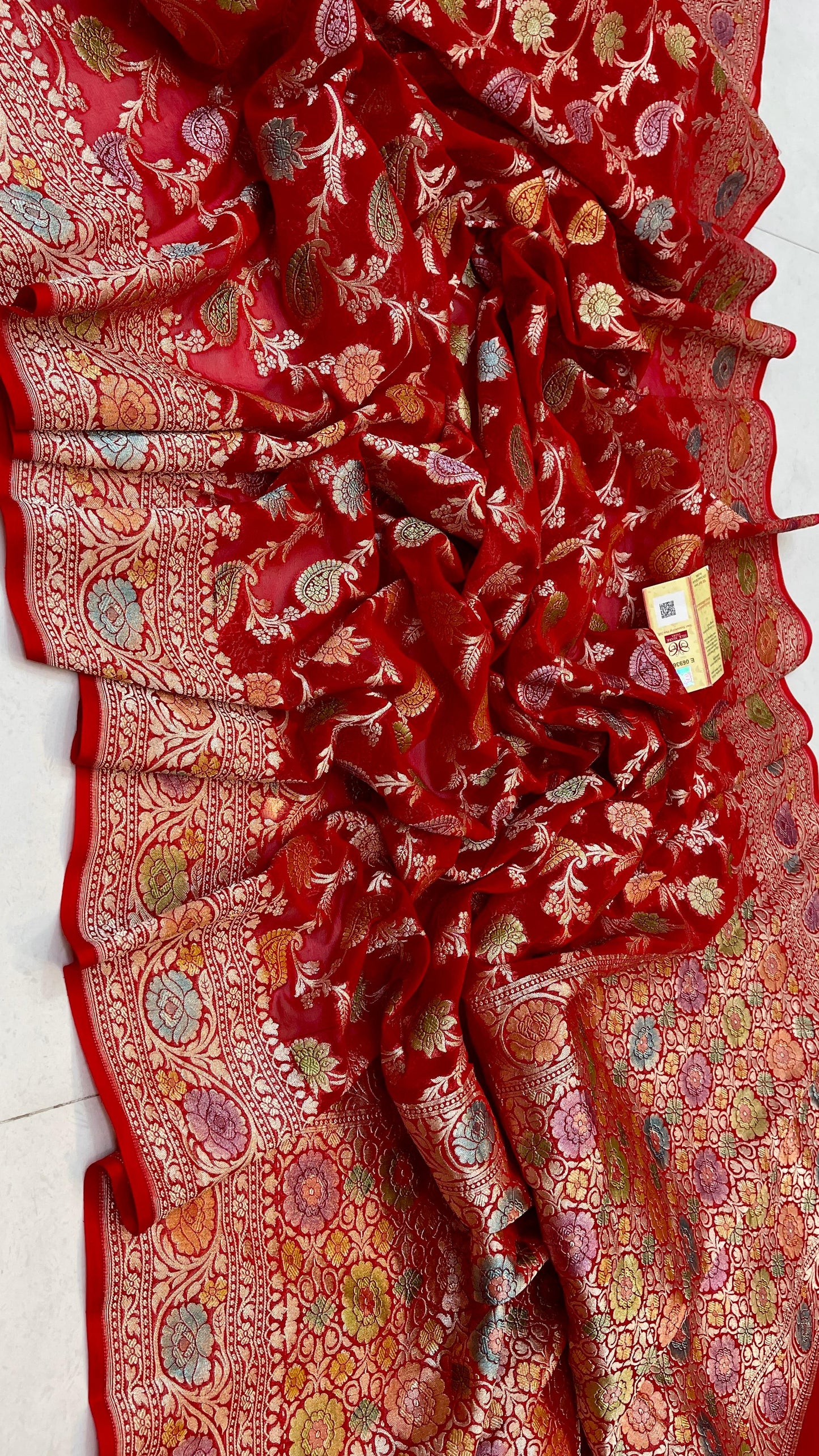 Ramaina Banarsi saree Khaddi gorgette saree woven sari blouse - Saffronfashionindia