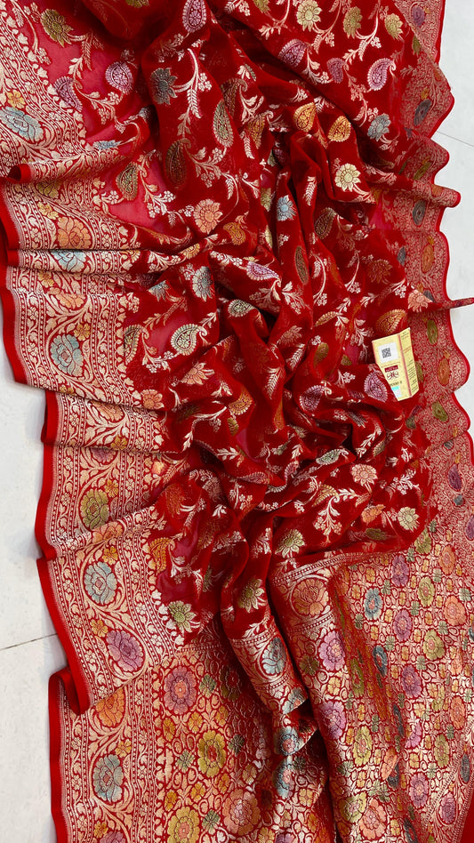 Ramaina Banarsi saree Khaddi gorgette saree woven sari blouse - Saffronfashionindia