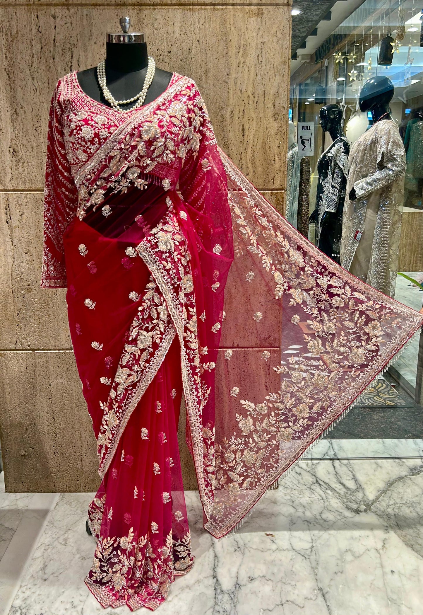 Net designer saree party wear saree’s Indian wedding saree blouse Saffronfashionindia