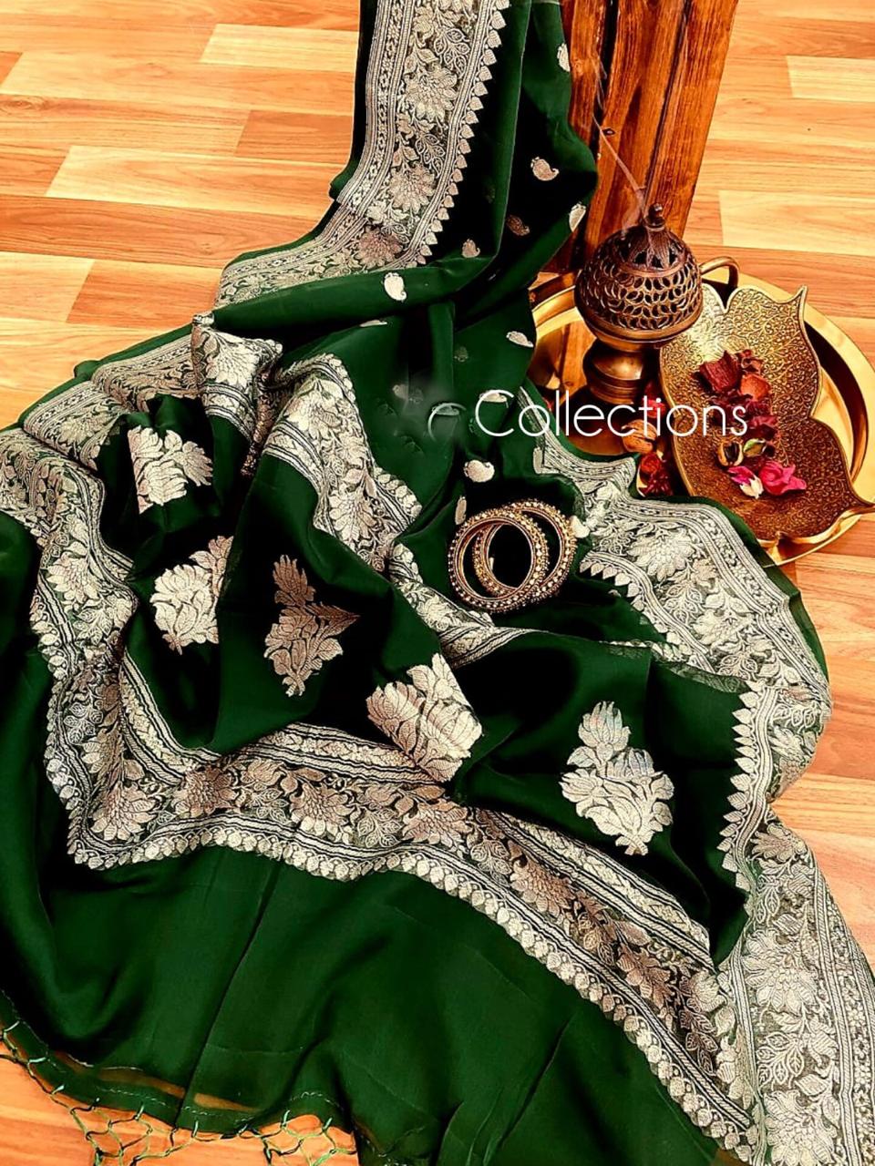 Green chiffon saree Banarsi lady’s saree weaving sari SaffronFashion