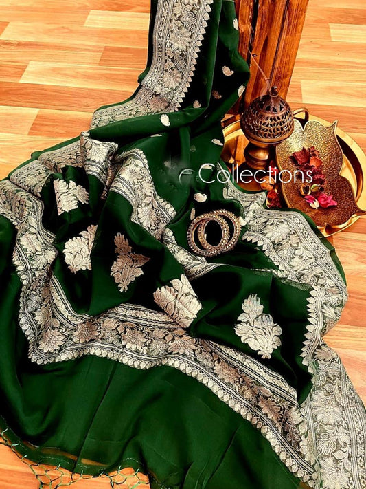 Green chiffon saree Banarsi lady’s saree weaving sari SaffronFashion
