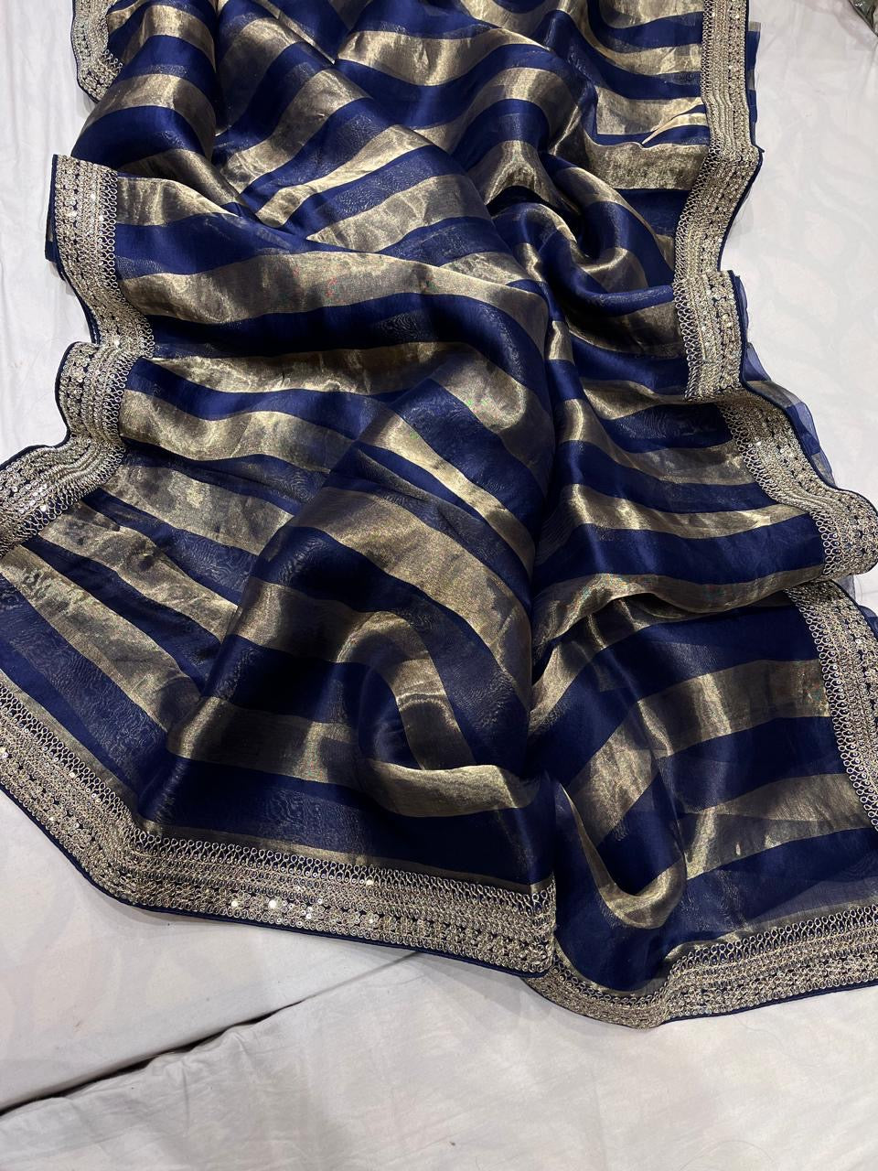 Striped Organza saree velvet blouse stylish saree women girlish sari - Saffronfashionindia