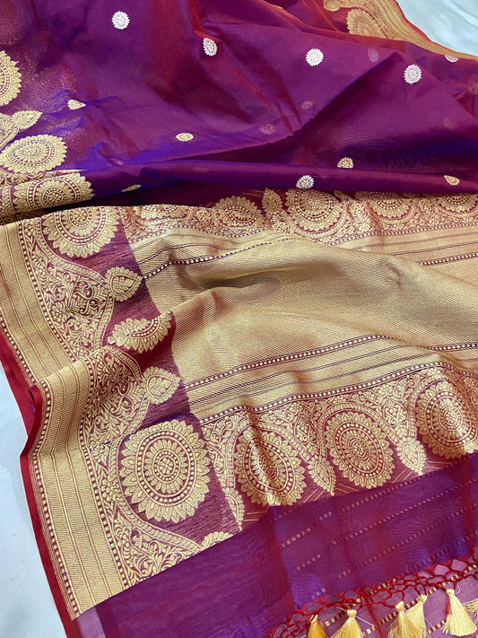 Wine banarsi kora beautiful saree - Saffronfashionindia