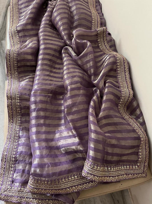 Striped tissue saree organza Partywear sarees SaffronFashion